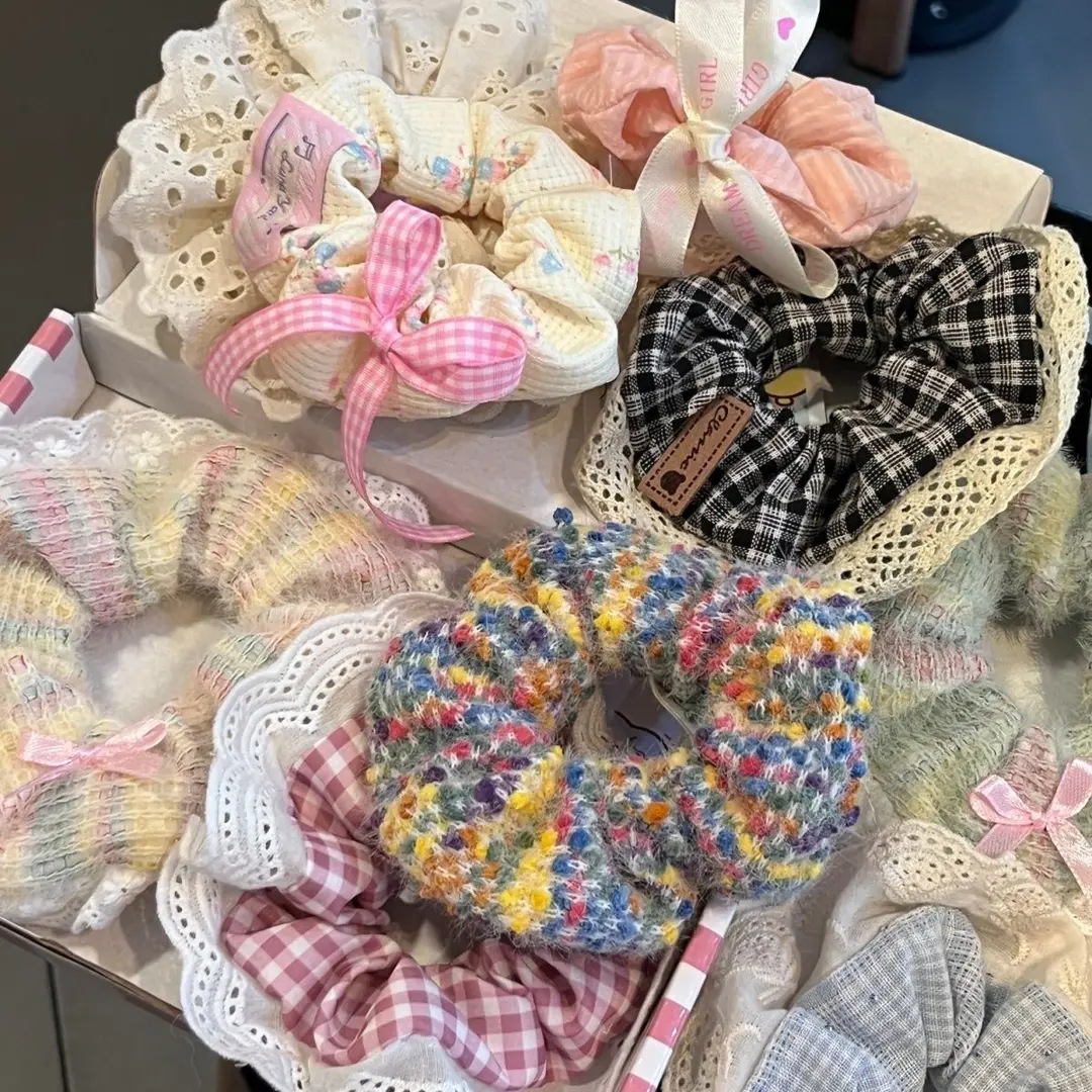 芭蕾风奶蓝格子重工烫钻蕾丝花边韩版大肠发圈可爱奶油甜妹发绳女详情图2