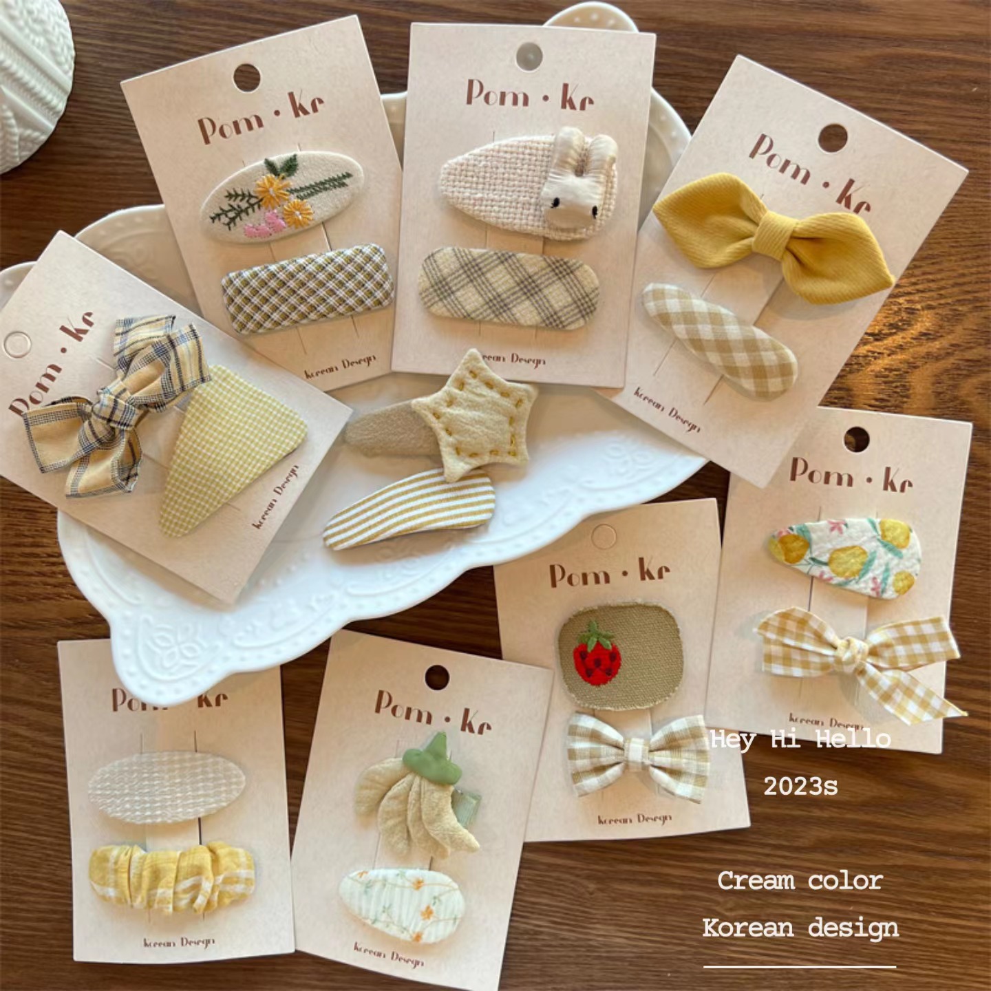 pom.kr 韩国风新款奶油色布艺女童蝴蝶结格子纯色发夹11bb夹创意饰品详情图1