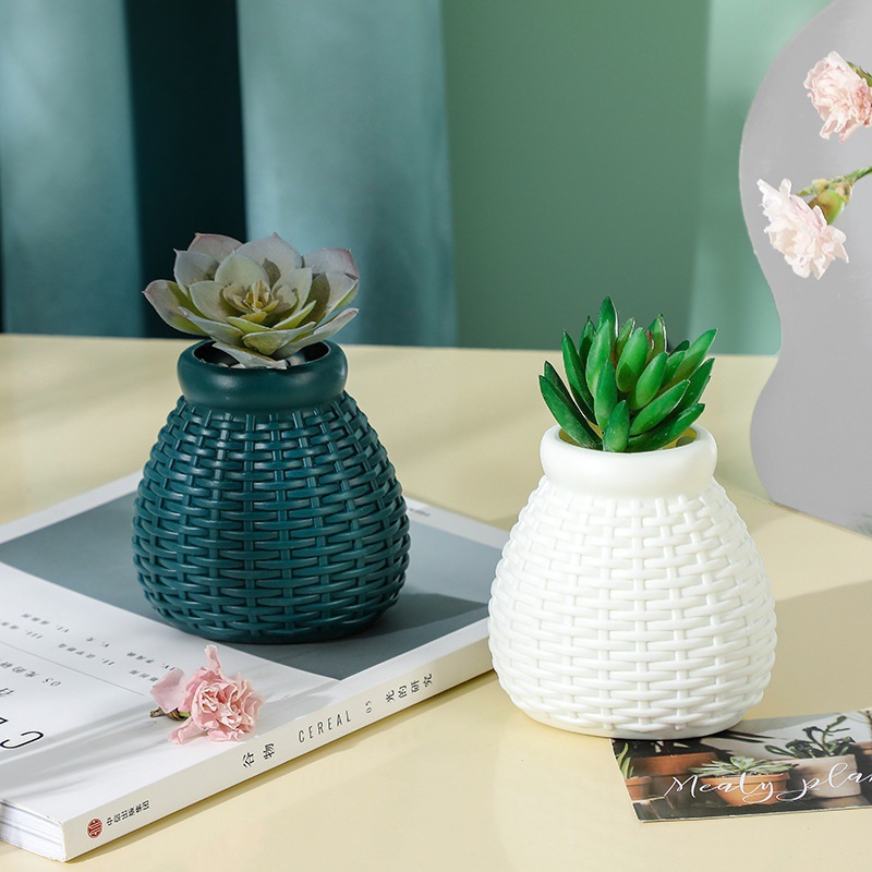塑料花瓶 干湿花插花容器 北欧ins风花艺花器装饰 盆栽仿藤编花瓶详情图4