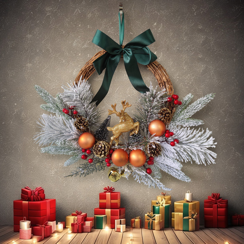 纵鸿跨境新品圣诞花环圣诞节鹿植绒花环圣诞球松果装饰墙挂门挂详情图1