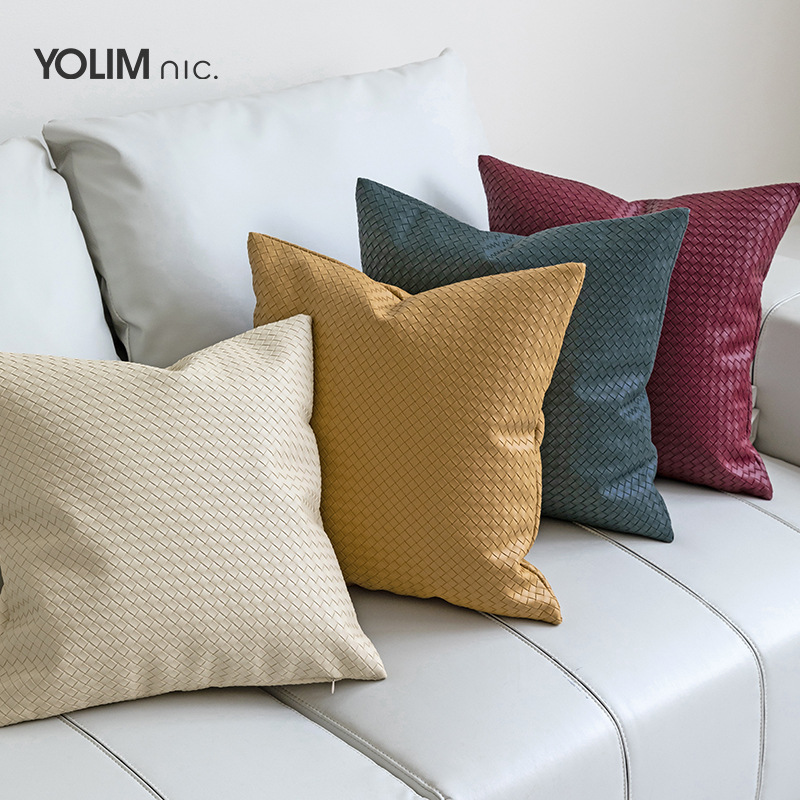 现代皮革编织抱枕靠垫棕橘色意式现代样板间客厅沙发靠枕套轻奢详情图5