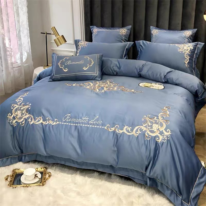 家纺全棉四件套真丝刺绣被套纯棉床单床笠简约纯色双人1.8m详情1