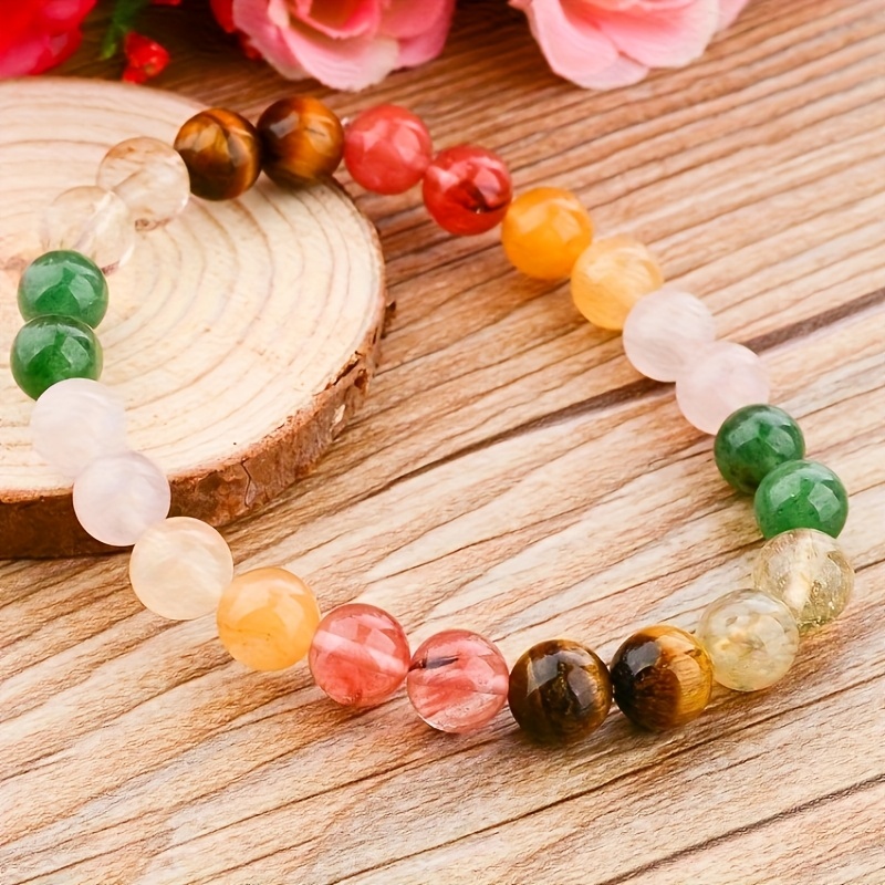 一件简约风多彩天然石女士手串，虎眼石、粉晶、绿东陵组合串珠，适合日常聚会穿戴，节日纪念日生日礼物送朋友详情图4