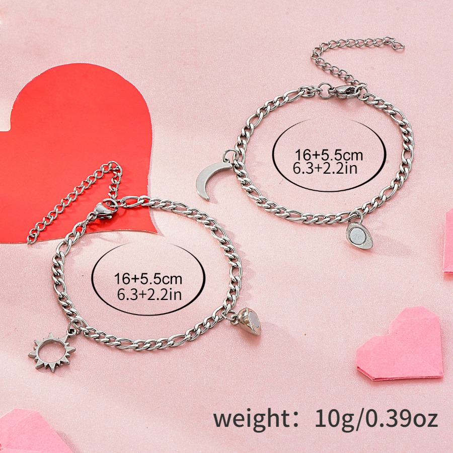  2件/套复古不锈钢简约风太阳月亮吊坠手链，心形配件磁扣相吸，情侣手链闺蜜手链，情人节礼物纪念日详情图4