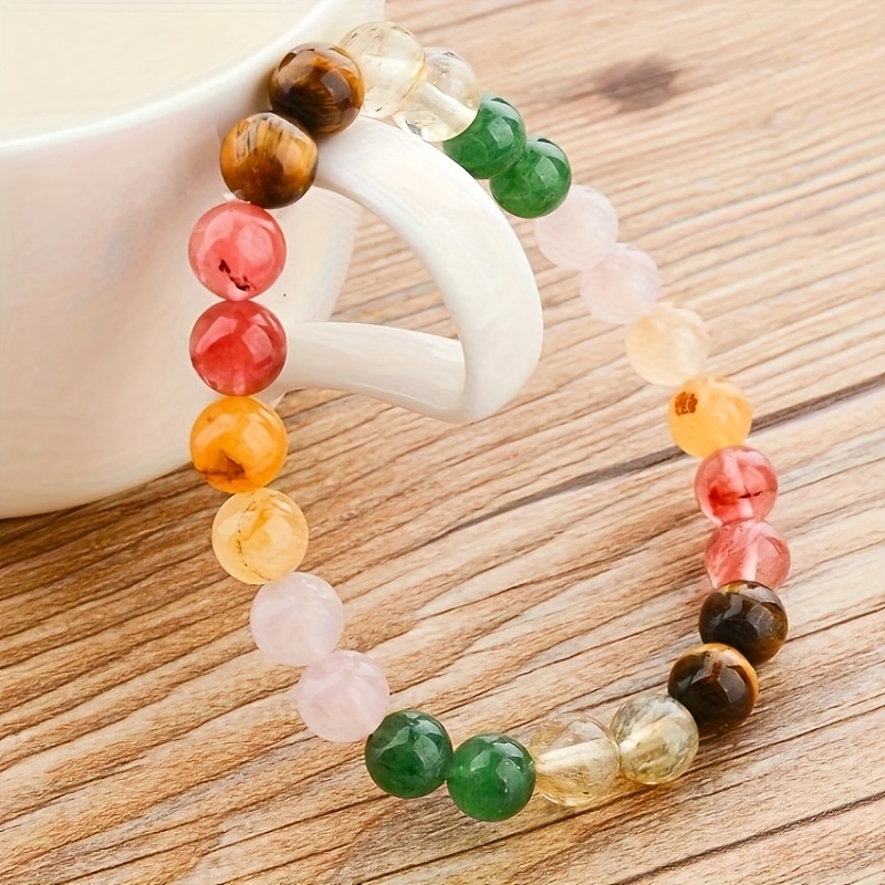 一件简约风多彩天然石女士手串，虎眼石、粉晶、绿东陵组合串珠，适合日常聚会穿戴，节日纪念日生日礼物送朋友详情图3