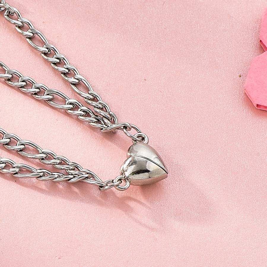  2件/套复古不锈钢简约风太阳月亮吊坠手链，心形配件磁扣相吸，情侣手链闺蜜手链，情人节礼物纪念日详情图3