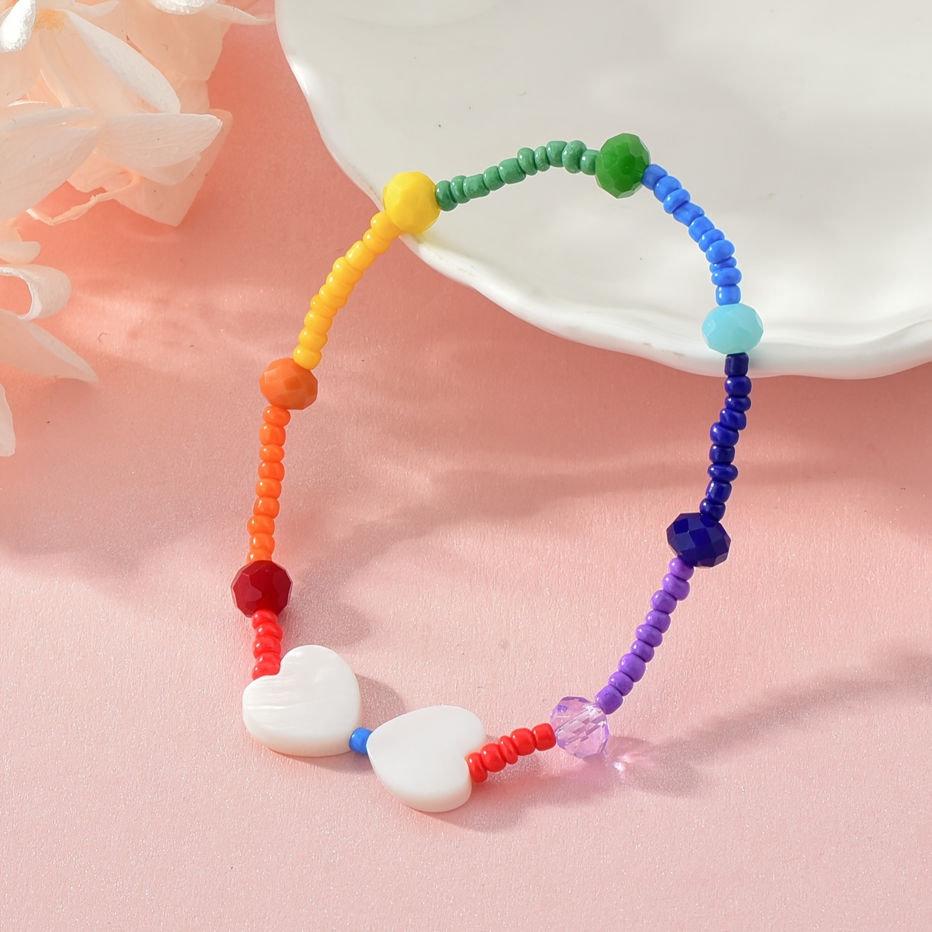 1件可爱彩虹串珠手链，波西米亚风格，爱心贝珠女士手链，音乐节、潮流派对适用，送闺蜜的礼物手链详情图5