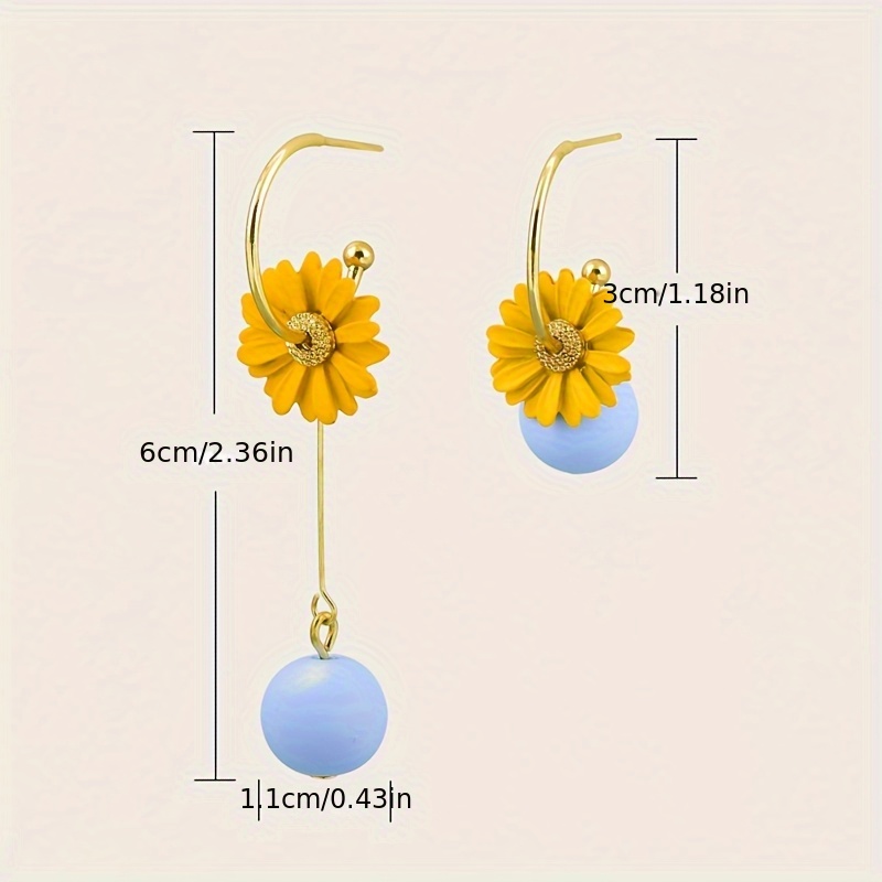 一对撞色花朵不对称女士垂坠耳环，可爱清新，适合参加派对，海边沙滩度假佩戴，送家人朋友成人礼物节日礼物详情图2