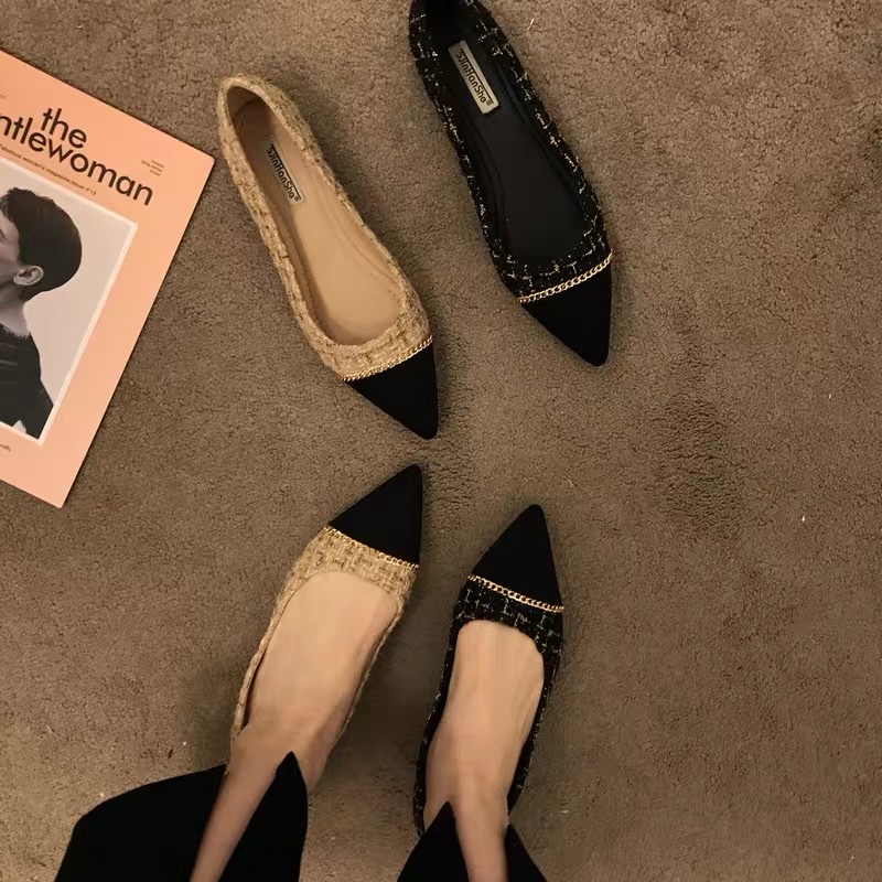2021春季新款链条拼色小香风平底单鞋女韩版百搭尖头浅口软底瓢鞋详情图3