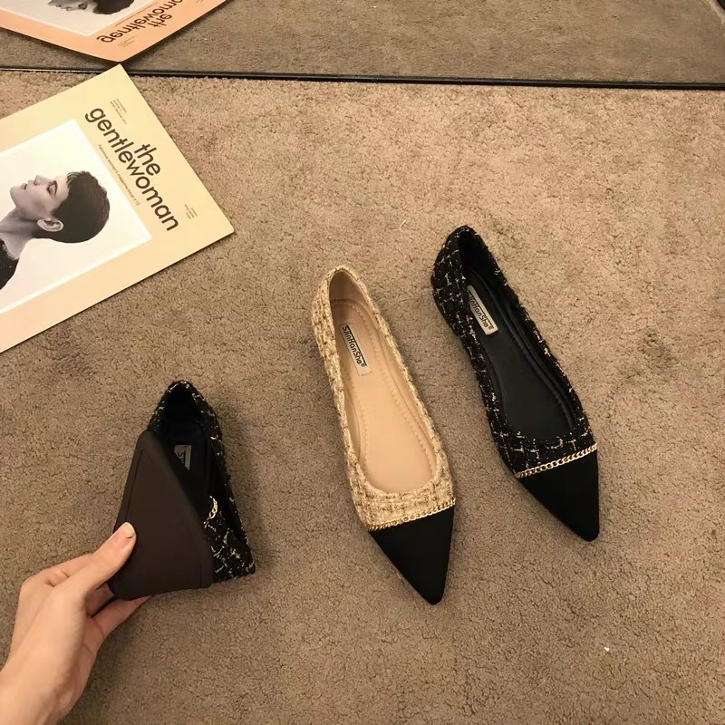 2021春季新款链条拼色小香风平底单鞋女韩版百搭尖头浅口软底瓢鞋详情图2