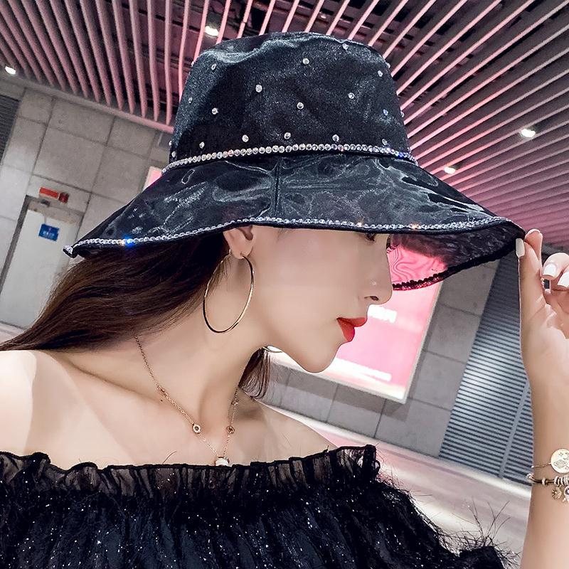 韩国轻奢小香风亮钻帽子女夏天渔夫帽绸缎网纱洋气优雅大檐遮阳帽详情图2