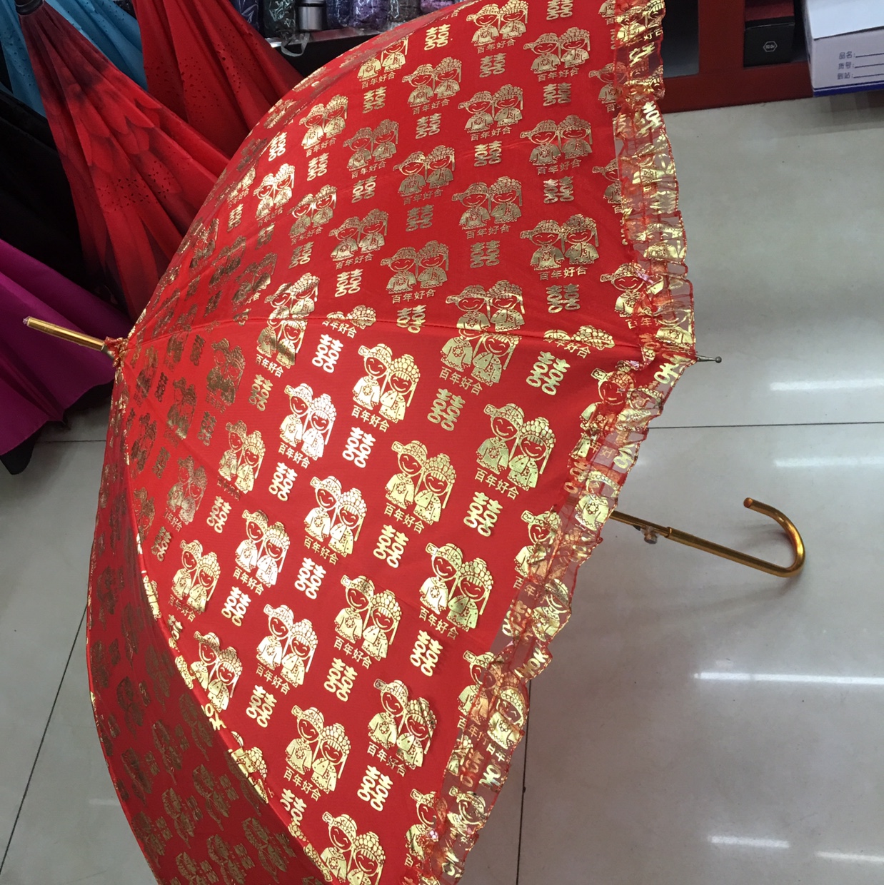 国潮58公分双层纱红纤维新娘伞详情图1