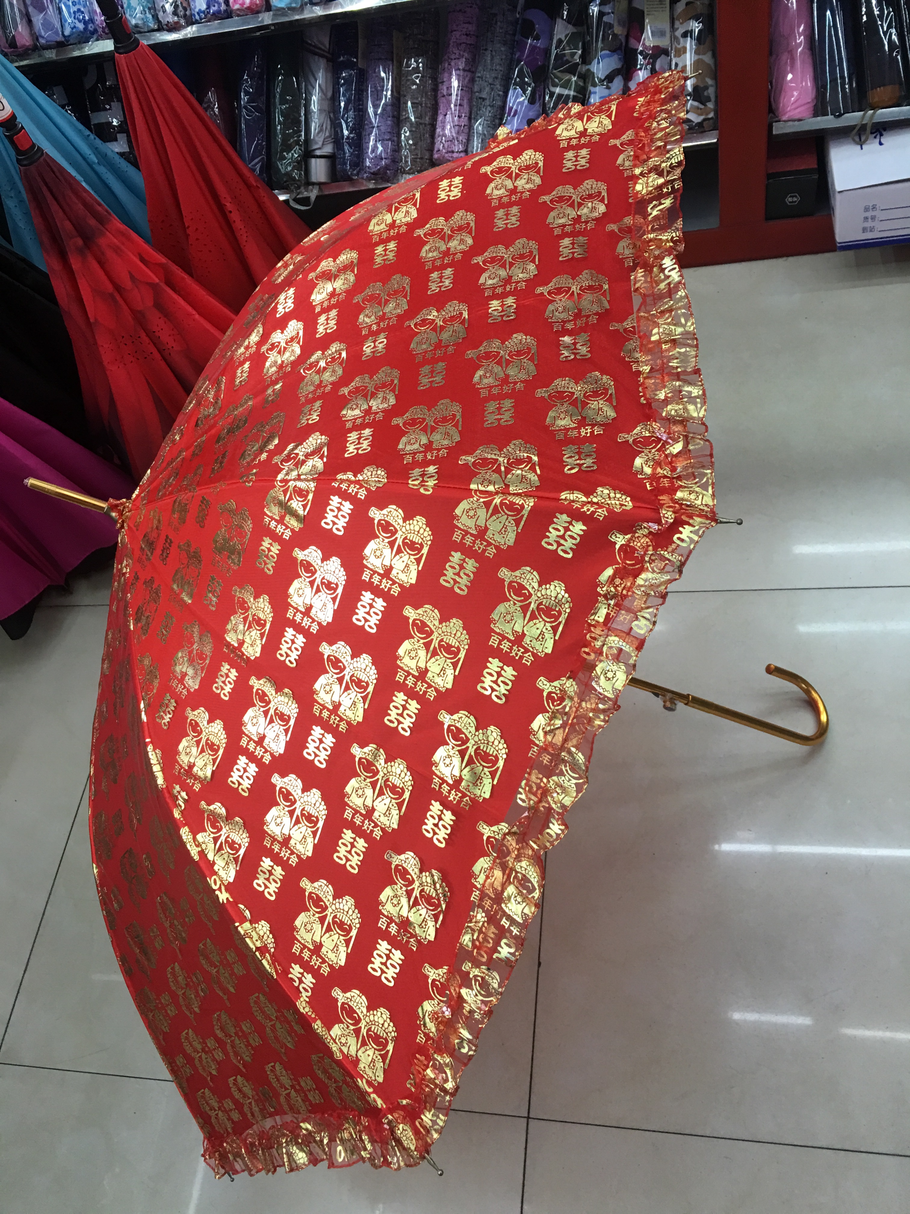 国潮58公分双层纱红纤维新娘伞详情图2