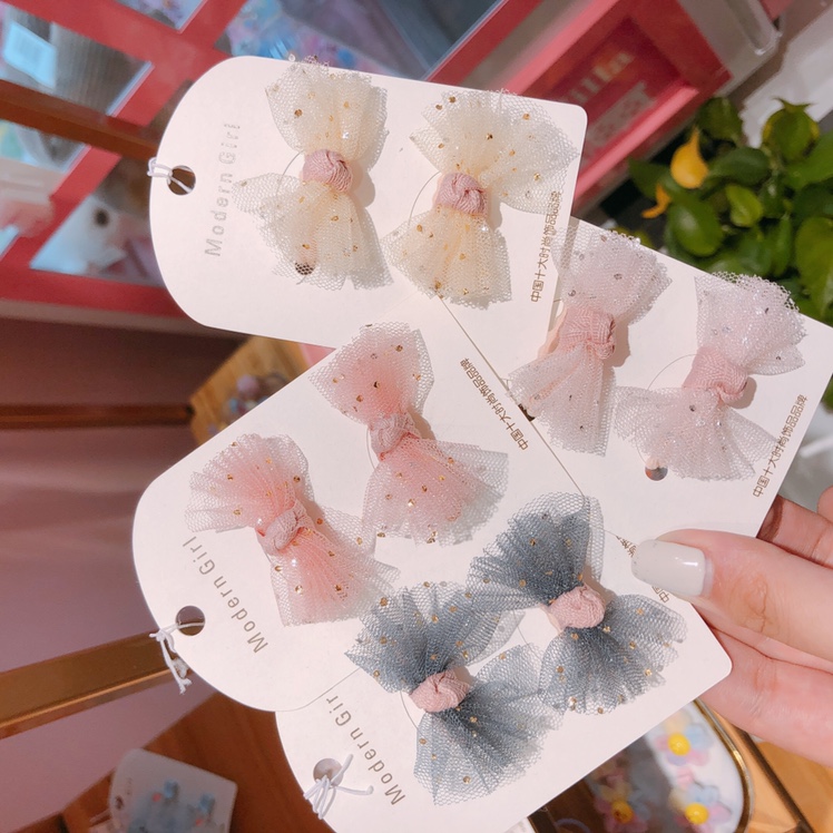 摩登女孩 可爱儿童宝宝韩国纱蝴蝶结闪闪小皮筋 单款混色12对起批详情图1