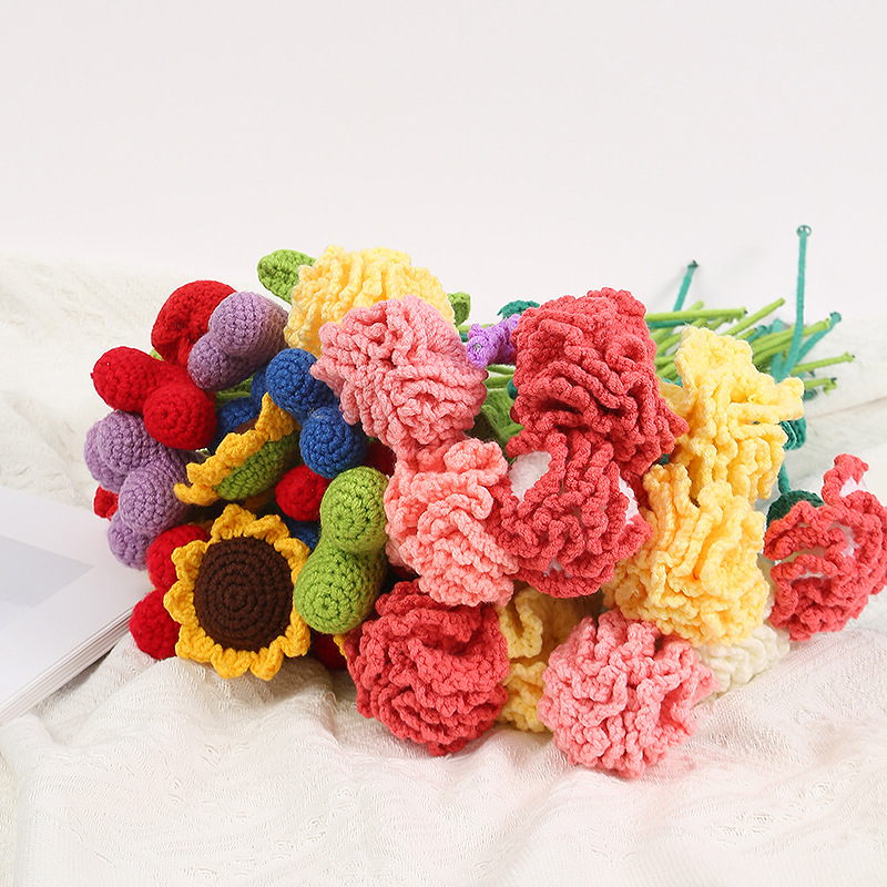 手工成品编织玫瑰花向日葵郁金香仿真花毛线针织花束摆件礼物详情图1