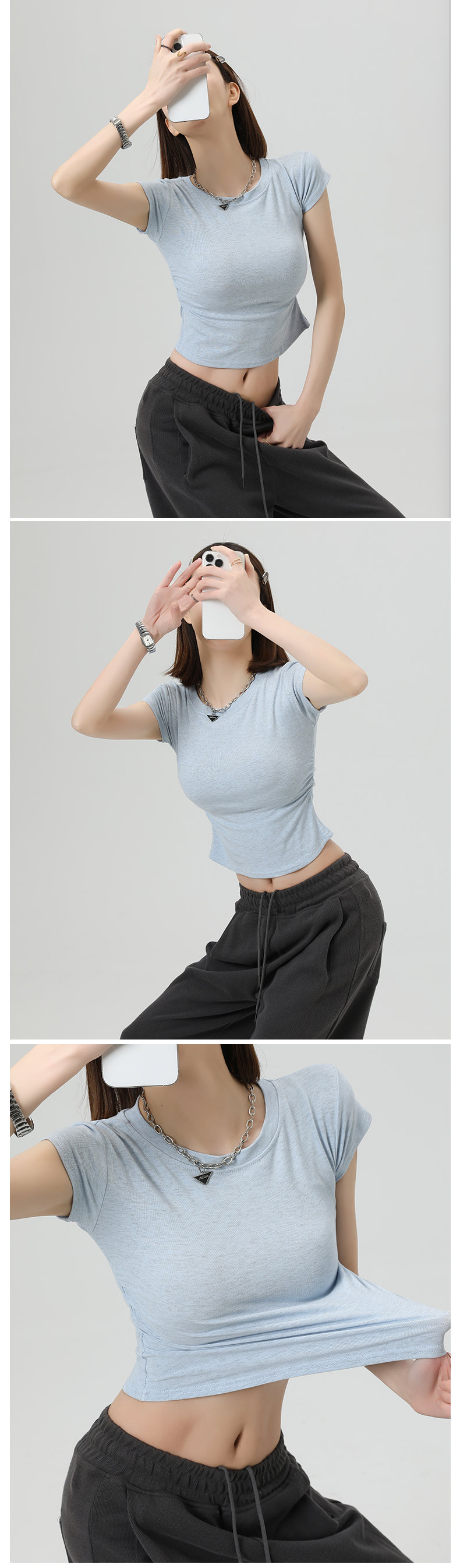 正肩短袖t恤女夏季纯棉紧身褶皱显瘦不规则设计感短款小个子上衣详情4
