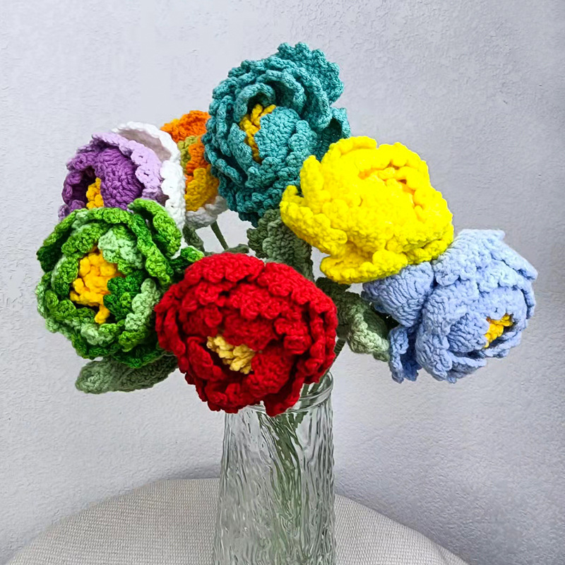 批发新款仿真花束成品手工编织荷花荷叶牡丹毛线针织花朵假花代发详情图2