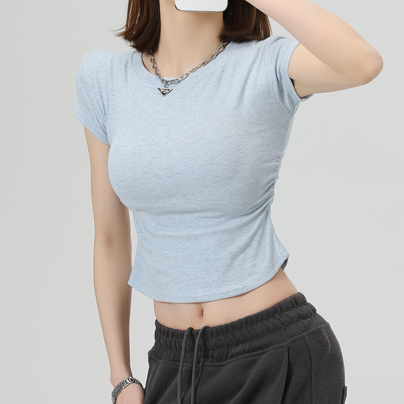 正肩短袖t恤女夏季纯棉紧身褶皱显瘦不规则设计感短款小个子上衣详情图5