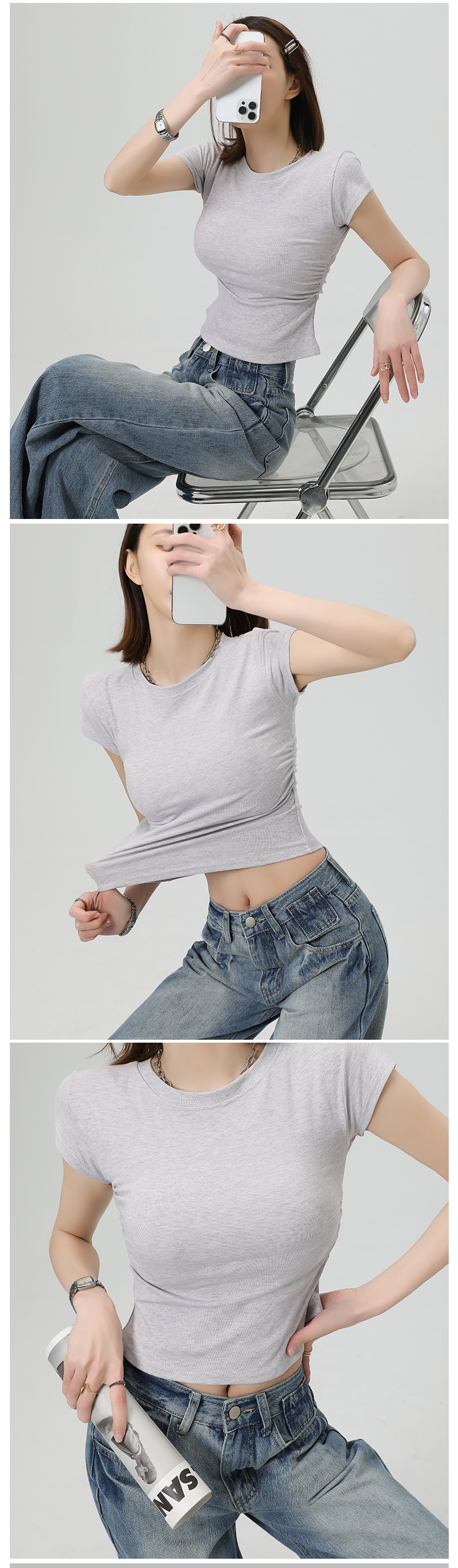 正肩短袖t恤女夏季纯棉紧身褶皱显瘦不规则设计感短款小个子上衣详情5