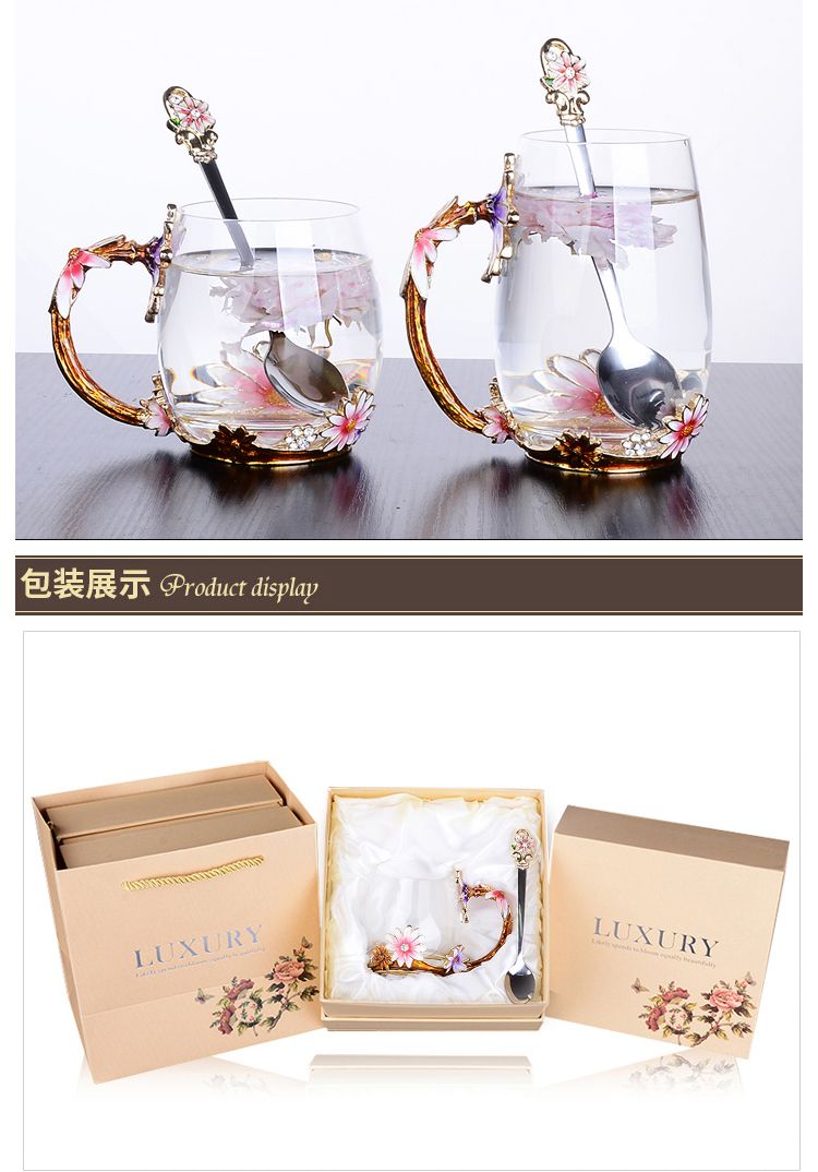 创意珐琅彩水杯水壶套装家用高档玻璃杯少女心杯子带勺带盖茶杯大详情图11