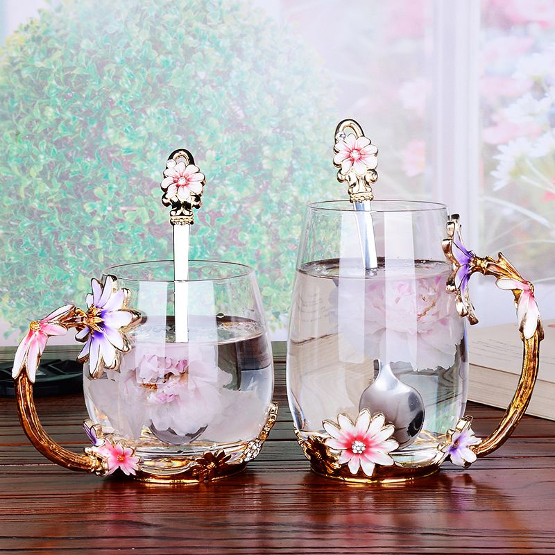 创意珐琅彩水杯水壶套装家用高档玻璃杯少女心杯子带勺带盖茶杯大详情图1