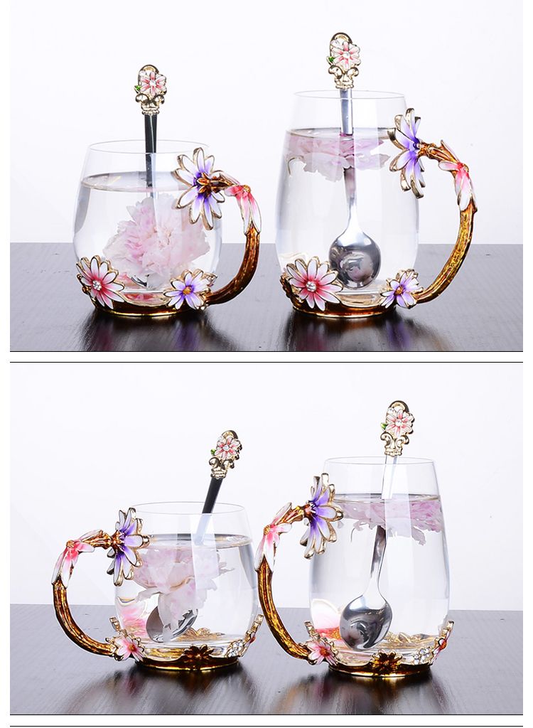 创意珐琅彩水杯水壶套装家用高档玻璃杯少女心杯子带勺带盖茶杯大详情图10