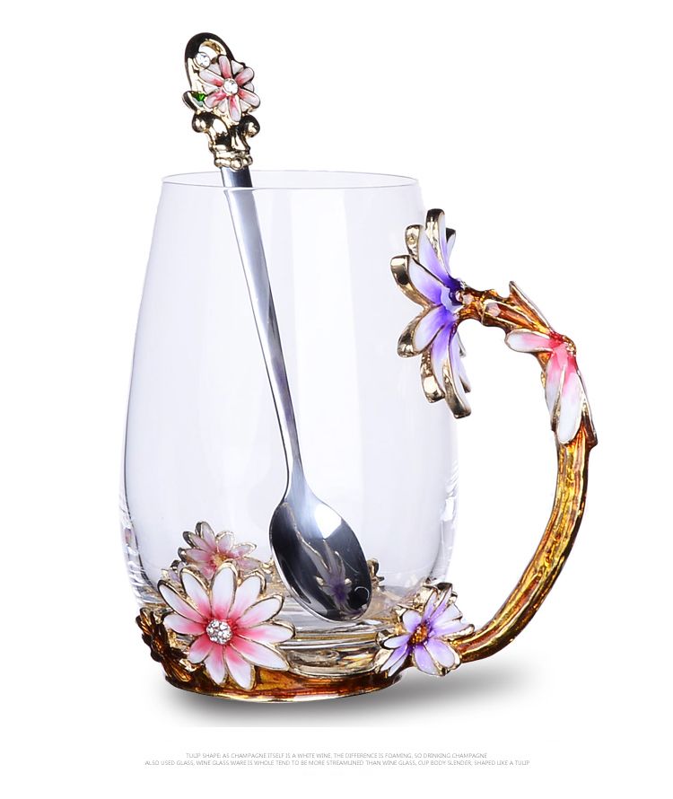 创意珐琅彩水杯水壶套装家用高档玻璃杯少女心杯子带勺带盖茶杯大详情图6