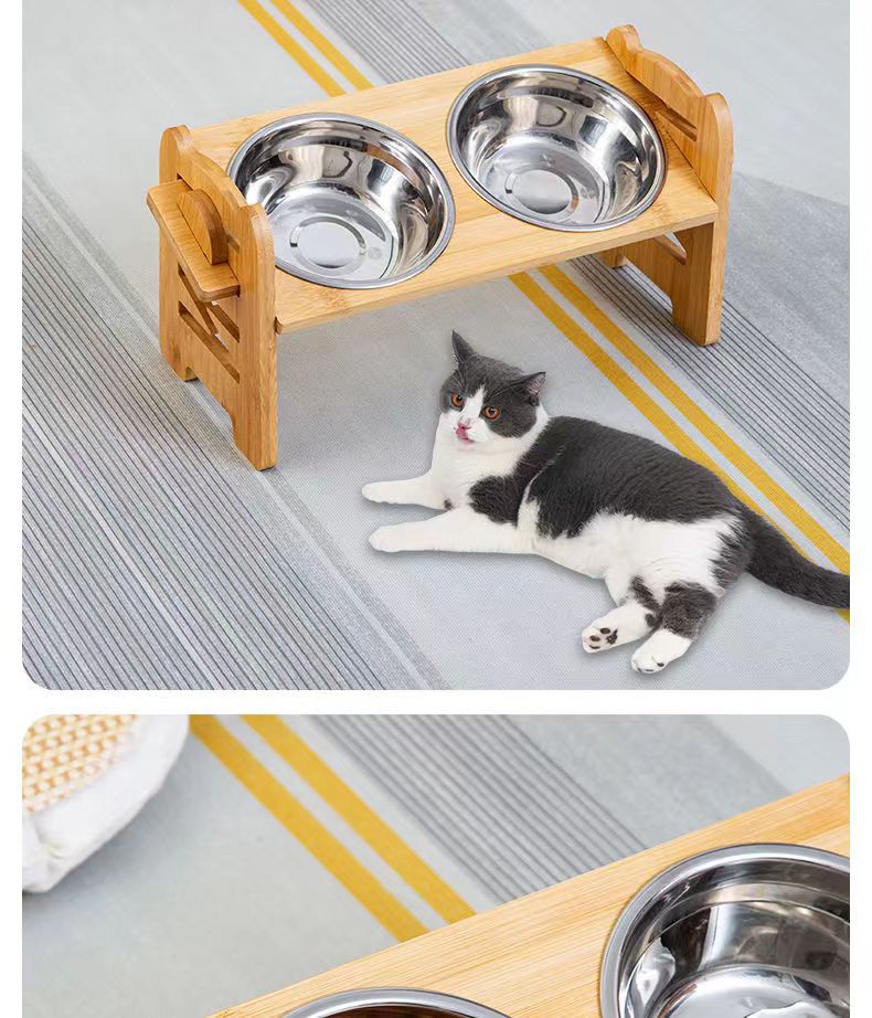 竹木猫狗双碗食盆架宠物狗猫咪饭盆可多项调节斜口平口防打翻详情10