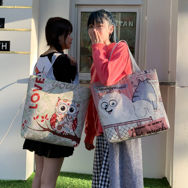 韩版大容量亚麻帆布单肩包女包2019新款潮百搭可爱休闲包宽手提包详情图2