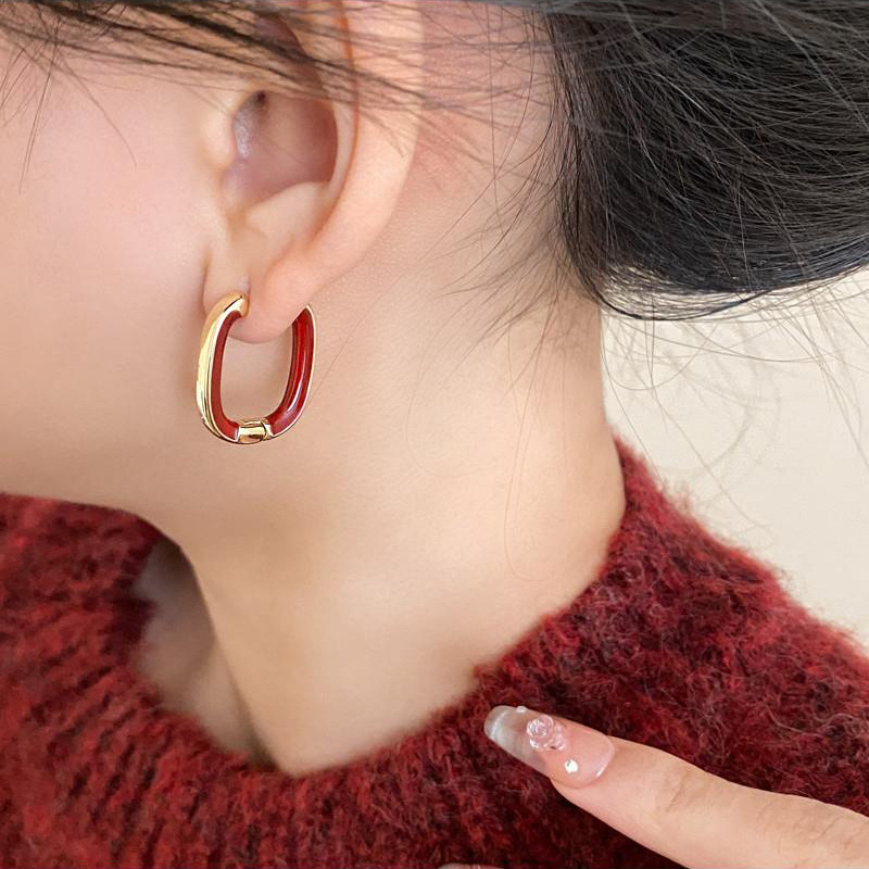 经典女秋冬过年安哥拉红色耳扣几何椭圆百搭个性气质耳环简约耳饰 饰品详情图5
