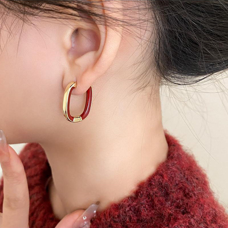 经典女秋冬过年安哥拉红色耳扣几何椭圆百搭个性气质耳环简约耳饰 饰品详情图4