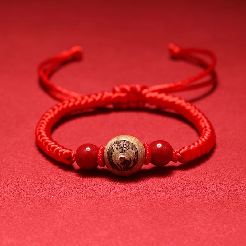 桃木十二生肖红绳手绳手工编织手串绳儿童本命年学生兔手链桃花详情图1