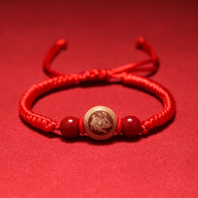 桃木十二生肖红绳手绳手工编织手串绳儿童本命年学生兔手链桃花详情图2