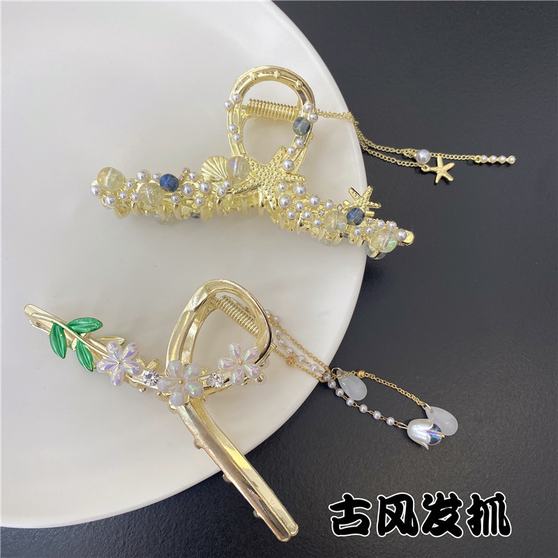 古风精致花朵贝壳流苏抓夹金属发夹女后脑勺发卡高级感鲨鱼夹头饰详情图2