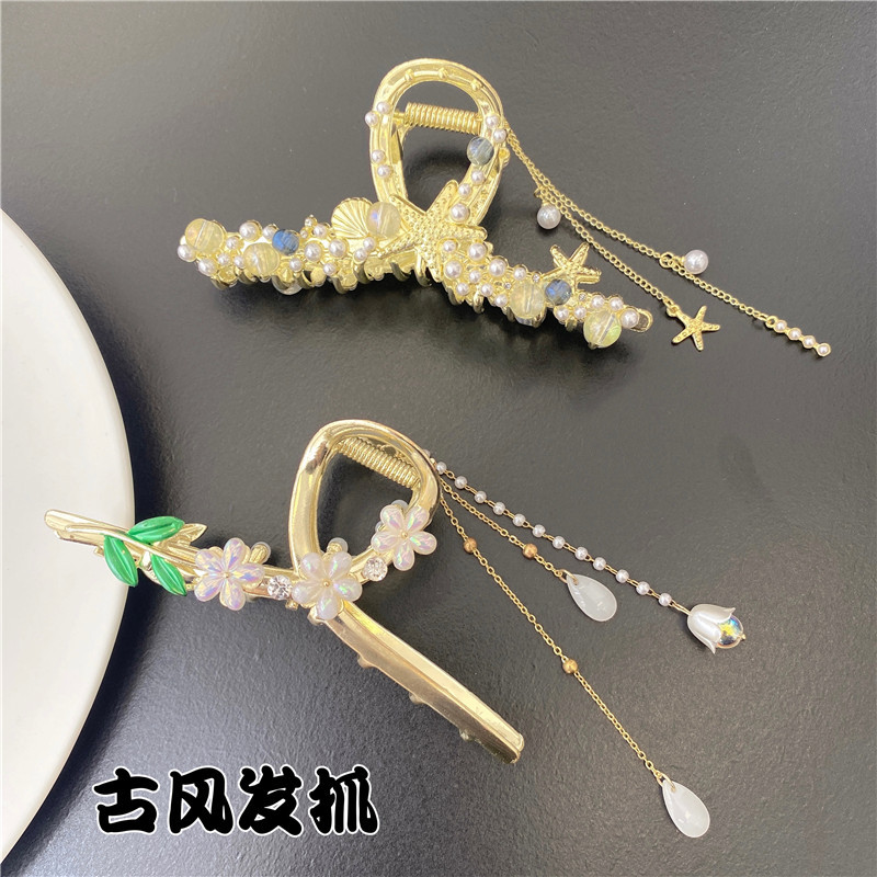 古风精致花朵贝壳流苏抓夹金属发夹女后脑勺发卡高级感鲨鱼夹头饰详情图3