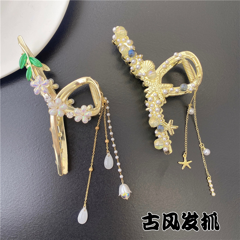 古风精致花朵贝壳流苏抓夹金属发夹女后脑勺发卡高级感鲨鱼夹头饰详情图1